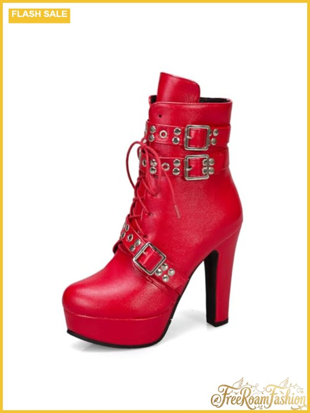 Women's Studded Buckled Combat Boots Chunky Platform Ankle Booties PU Goth Punk